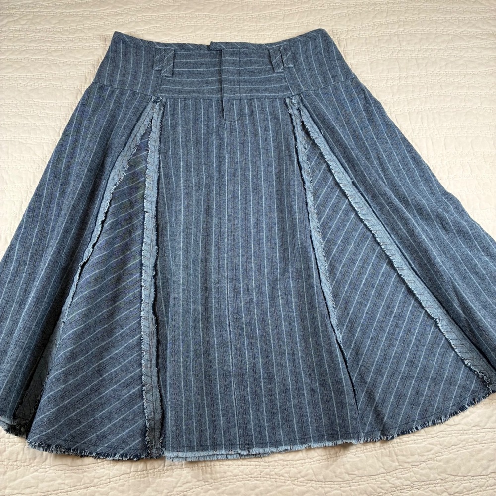 Free People Amelia Midi Skirt Sz 12 Blue Pinstripe Cotton Paneled Raw Edge Y2K